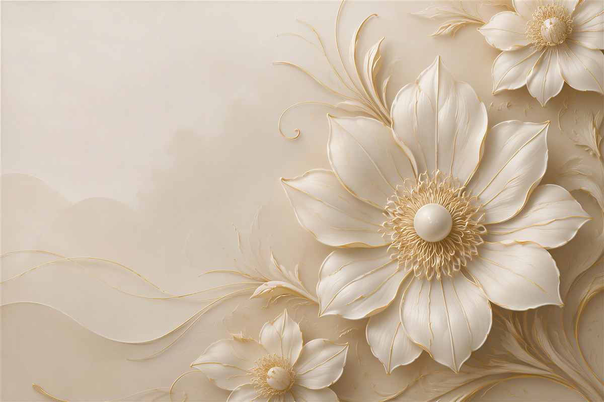 Fototapeten cremefarbene 3D Blumen mit goldenen Linien elegant