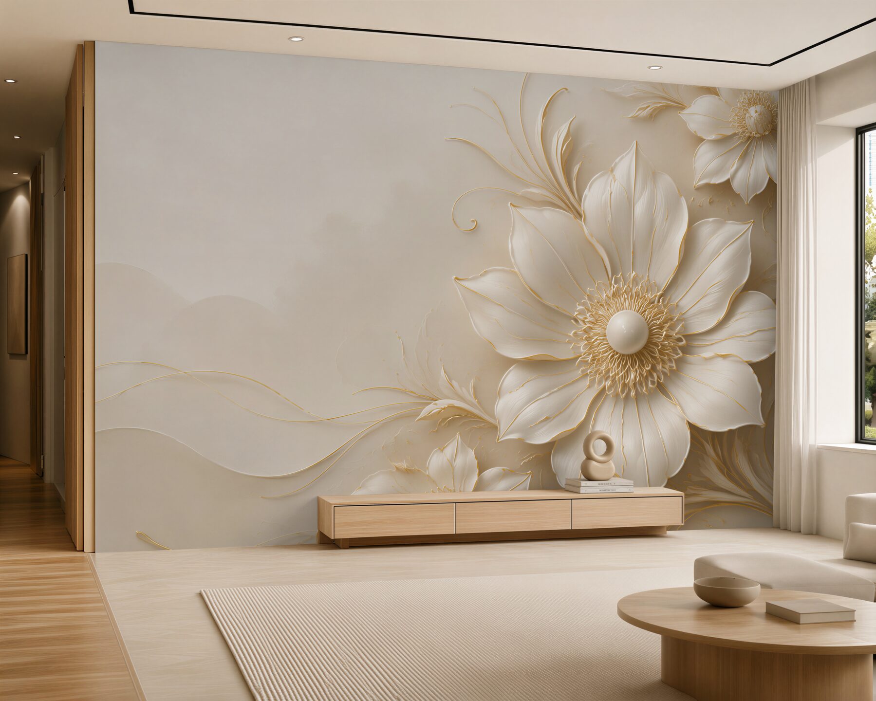Fototapeten cremefarbene 3D Blumen mit goldenen Linien elegant