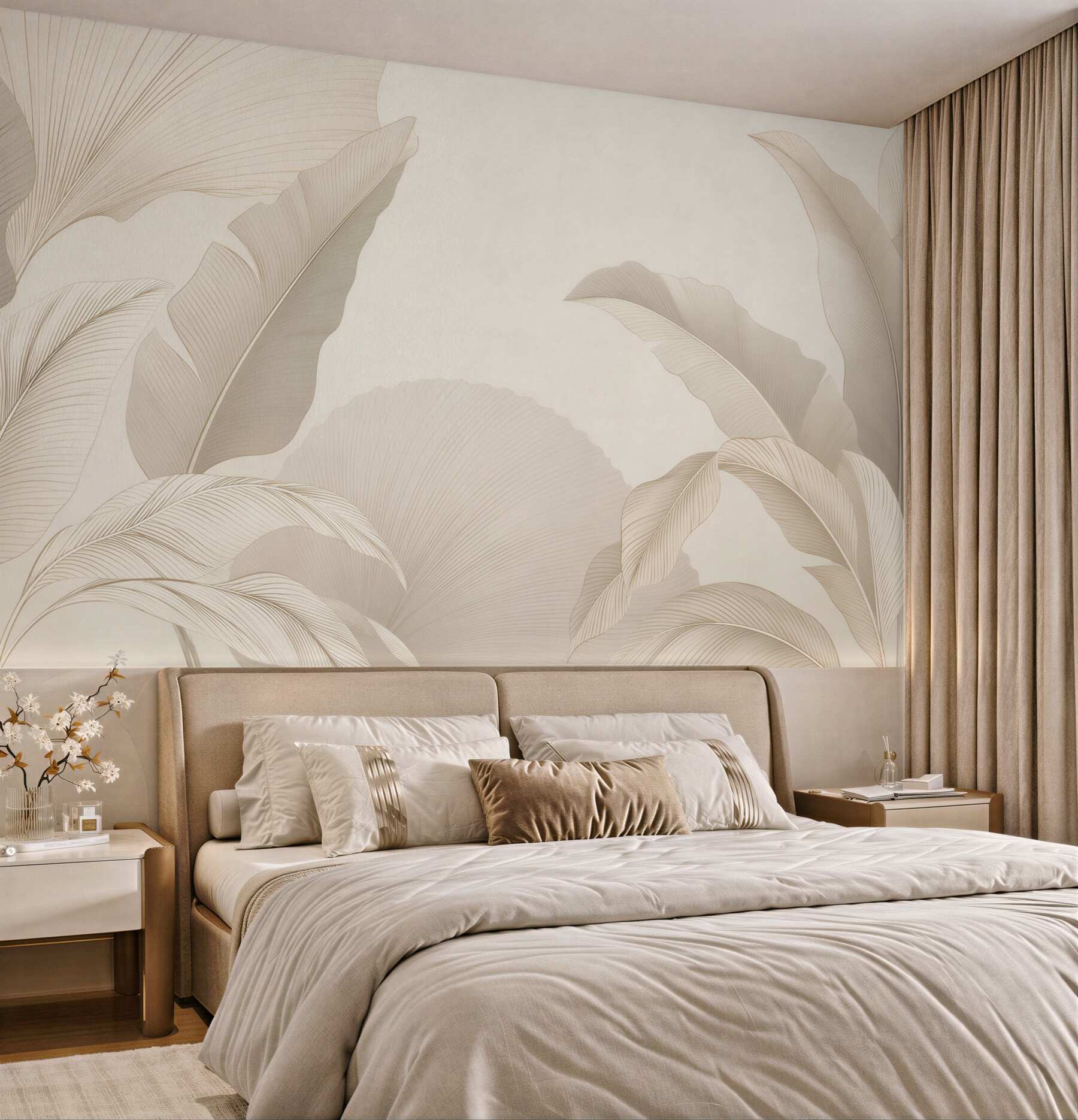 Fototapeten minimalistische elegante beige tropische Blätter