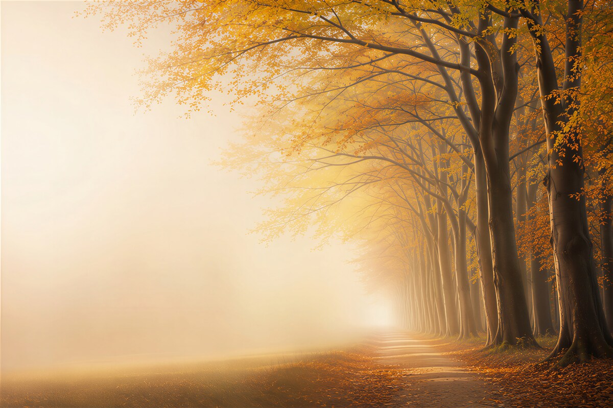 Fototapeten herbstliche Baumallee im Nebel goldene Waldlandschaft