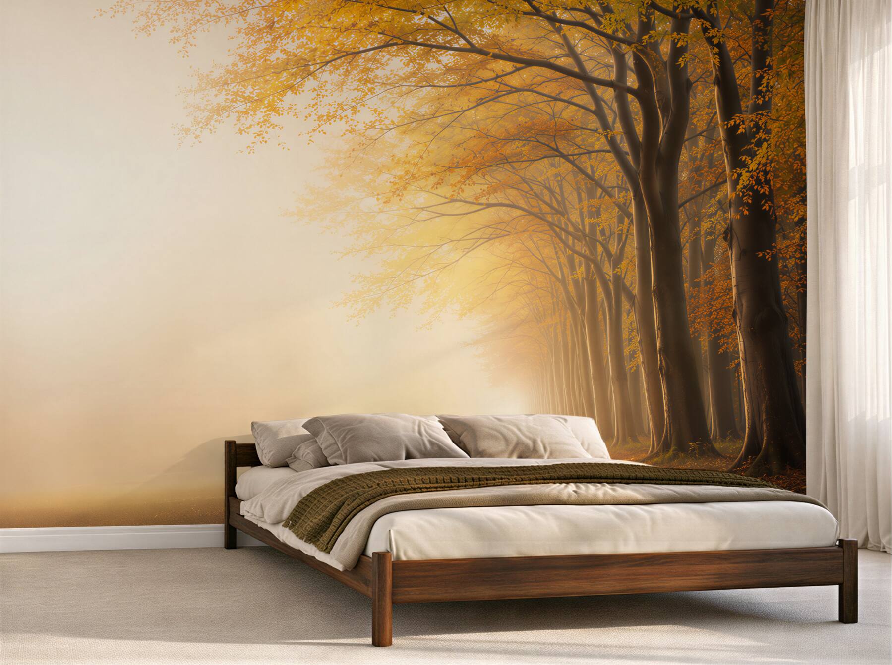 Fototapeten herbstliche Baumallee im Nebel goldene Waldlandschaft