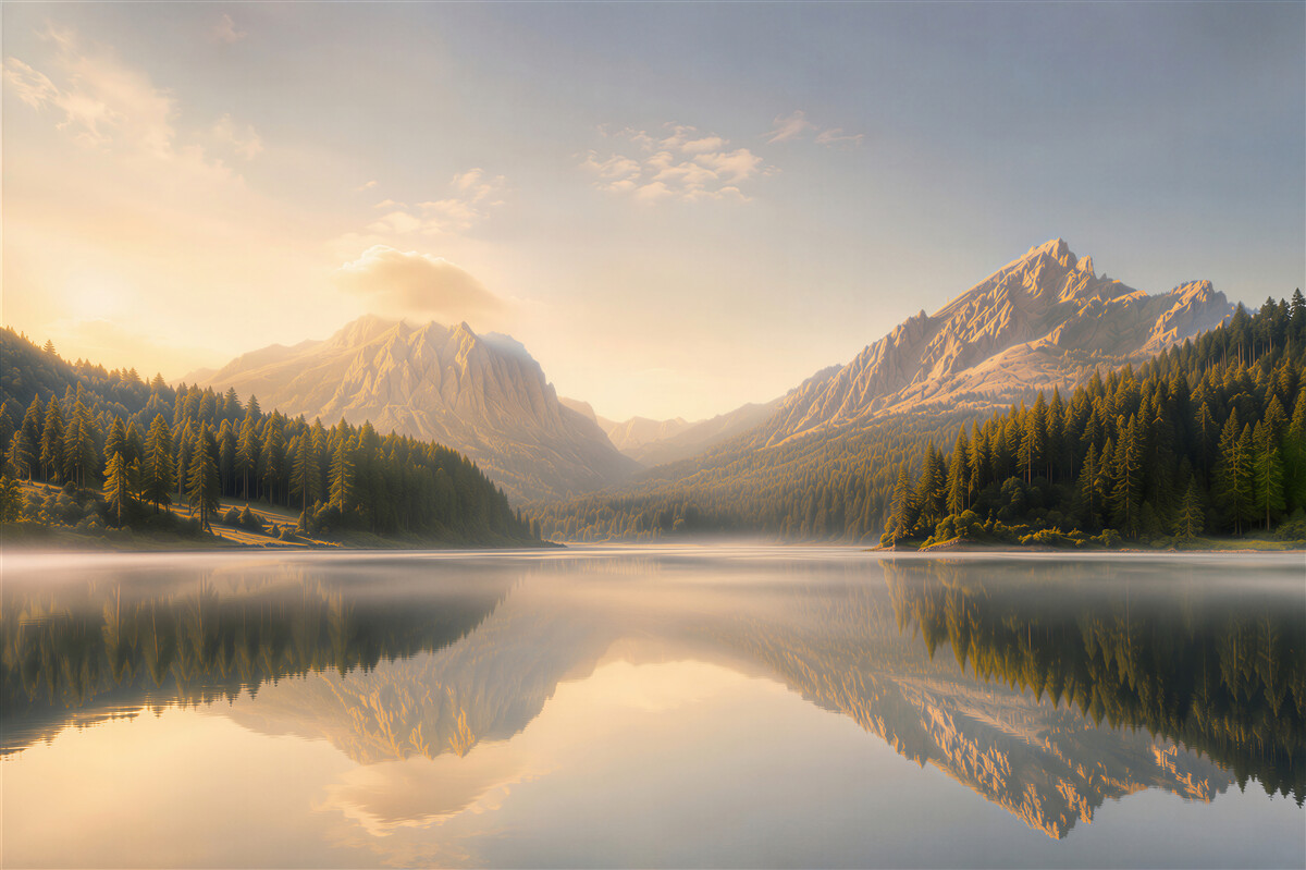 Fototapeten Berge am See bei Sonnenaufgang ruhige Landschaft