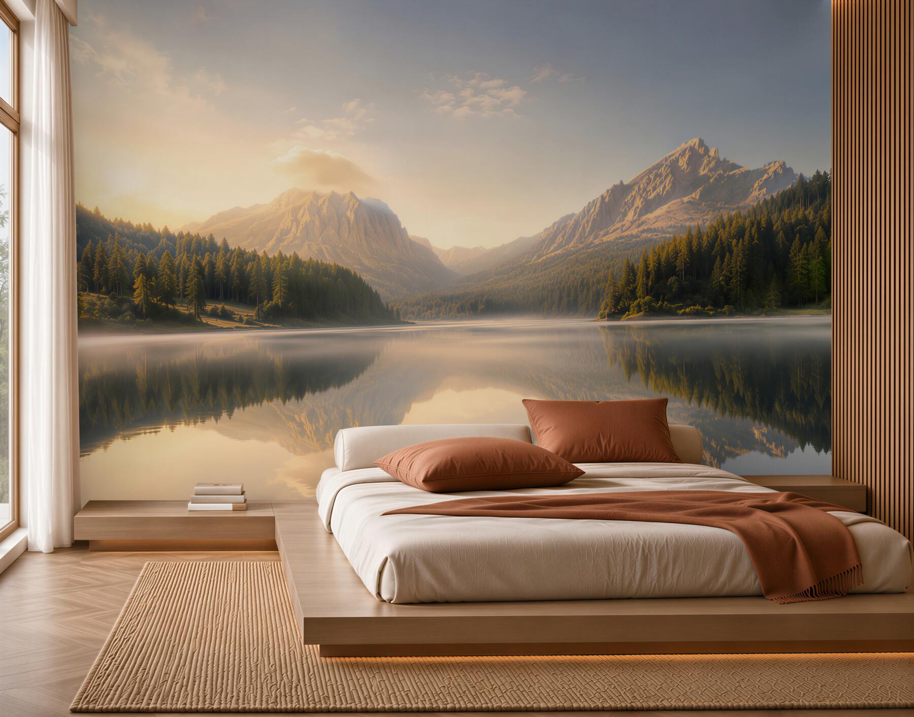 Fototapeten Berge am See bei Sonnenaufgang ruhige Landschaft