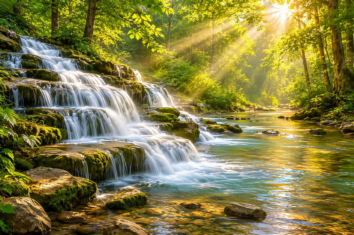 Fototapeten Waldwasserfall im Sonnenlicht grünes Landschaft
