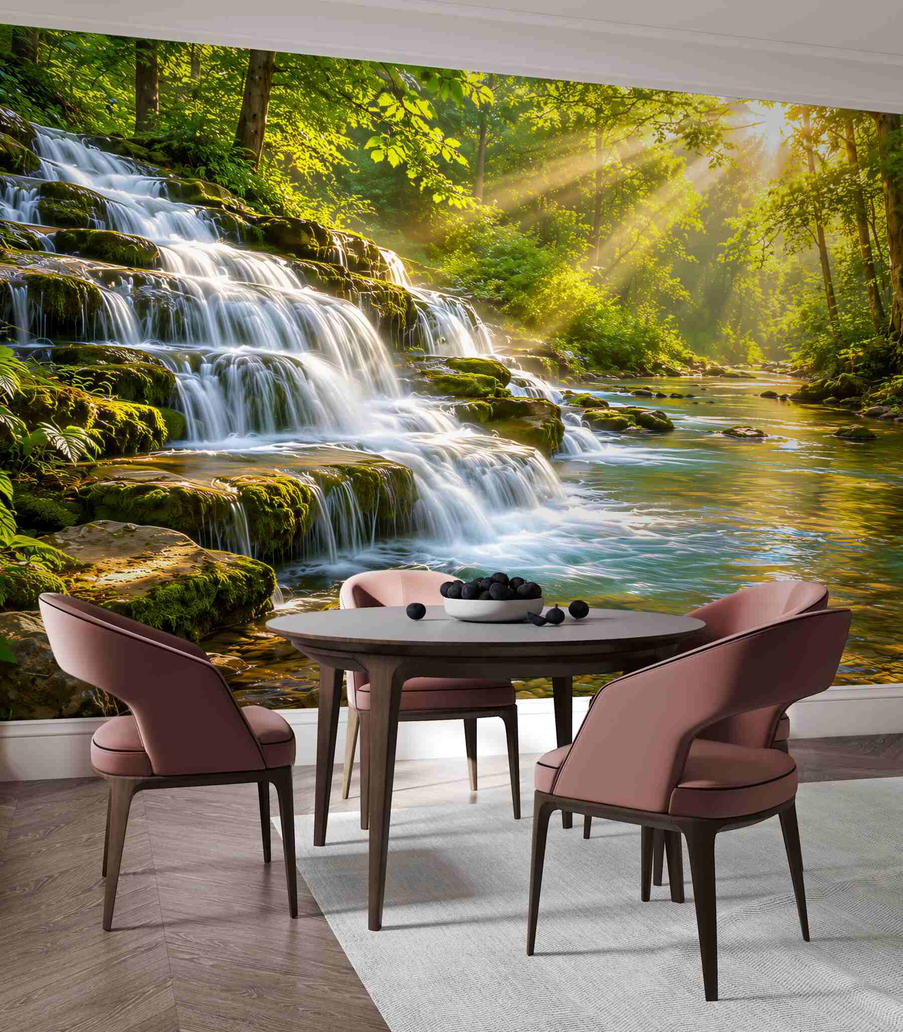 Fototapeten Waldwasserfall im Sonnenlicht grünes Landschaft