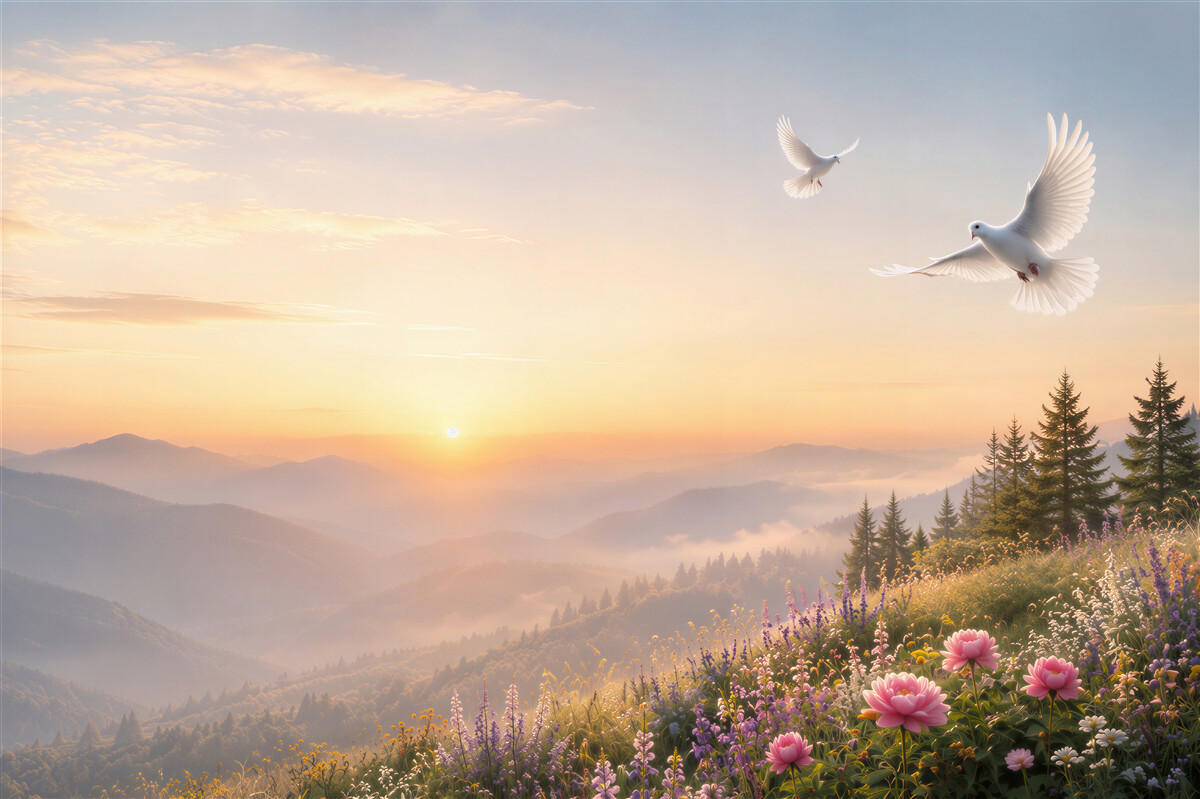Fototapeten Bergaufgang mit Tauben und Blumen in Pastellfarben