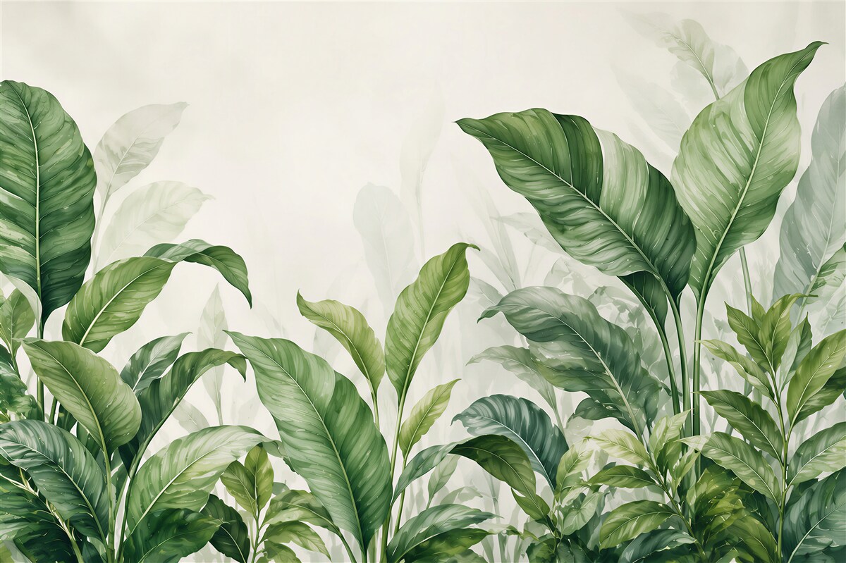 Fototapeten grüne tropische Blätter Aquarell für ein elegantes Wohnzimmer
