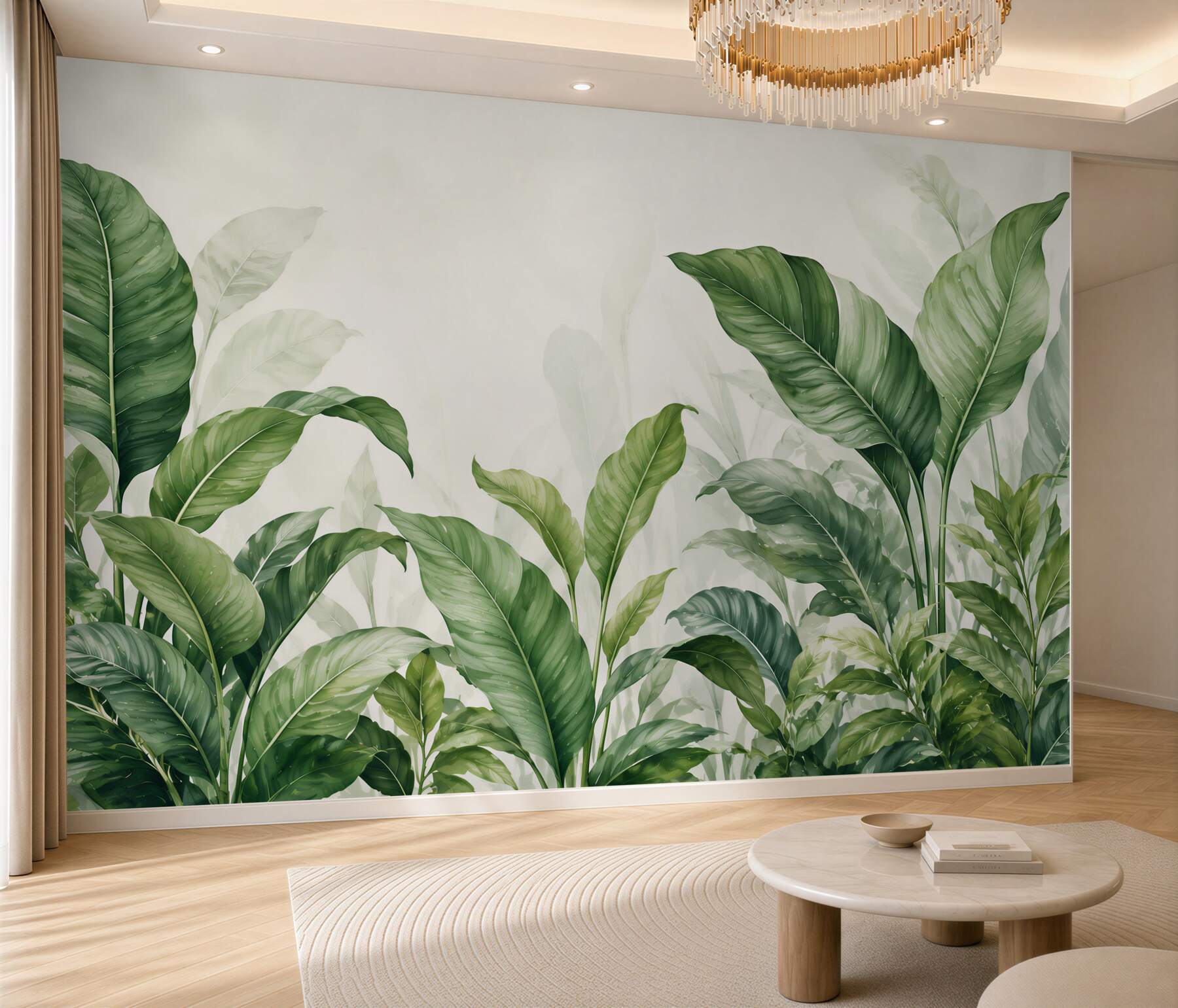 Fototapeten grüne tropische Blätter Aquarell für ein elegantes Wohnzimmer