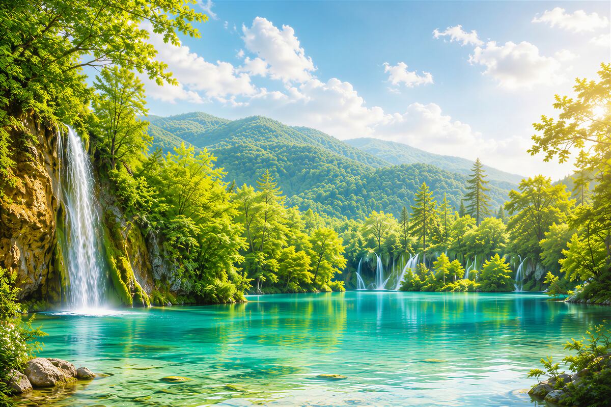 Fototapeten türkisfarbenen See mit Wasserfall und Bergen sonnige Landschaft