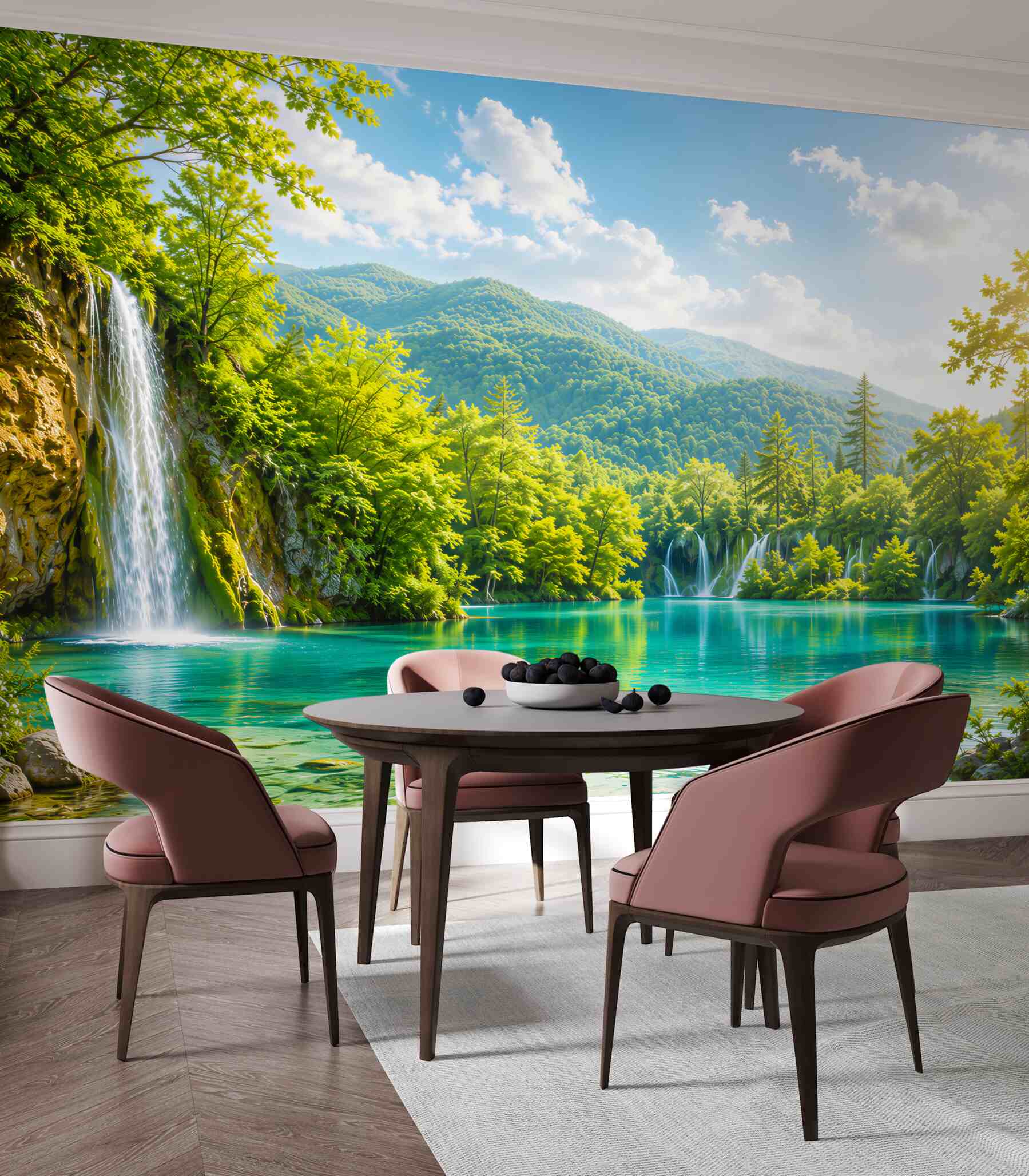 Fototapeten türkisfarbenen See mit Wasserfall und Bergen sonnige Landschaft