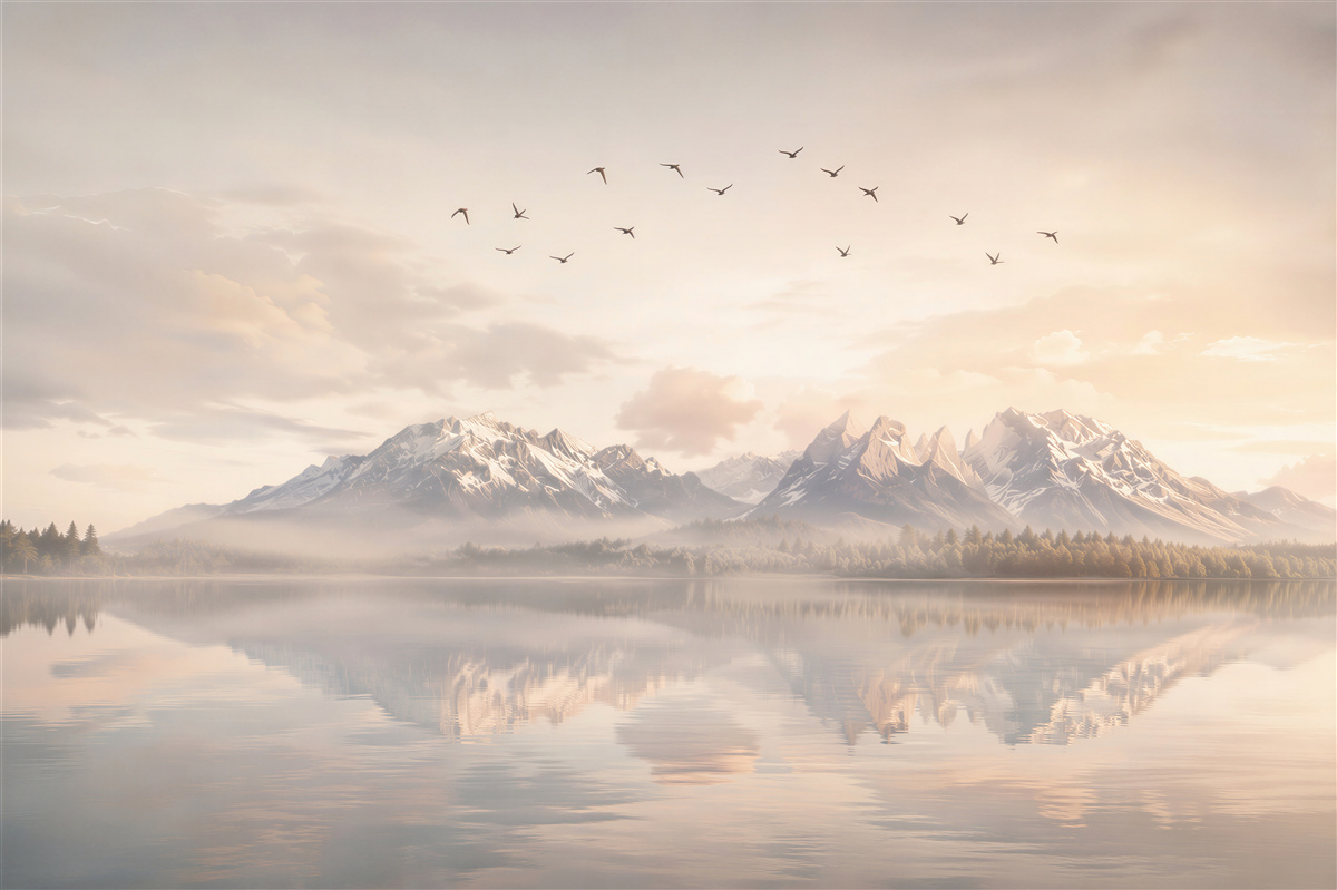 Fototapeten Berge über einem See im Nebel bei Sonnenaufgang