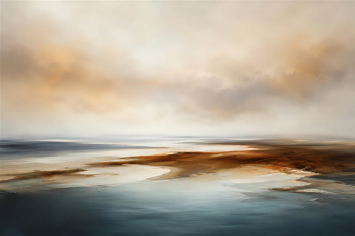 Fototapeten abstrakte Landschaft über Wasser in beige-blauen Tönen