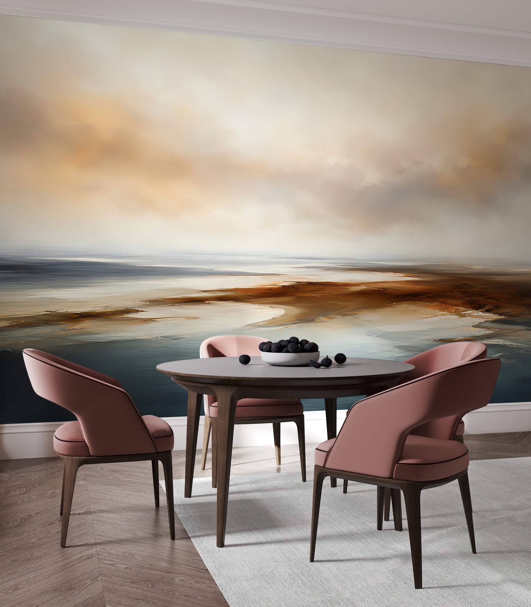 Fototapeten abstrakte Landschaft über Wasser in beige-blauen Tönen