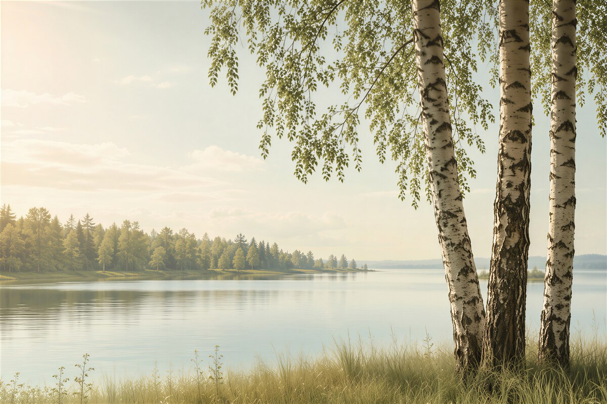 Fototapeten See in Russland in einem Birkenwald