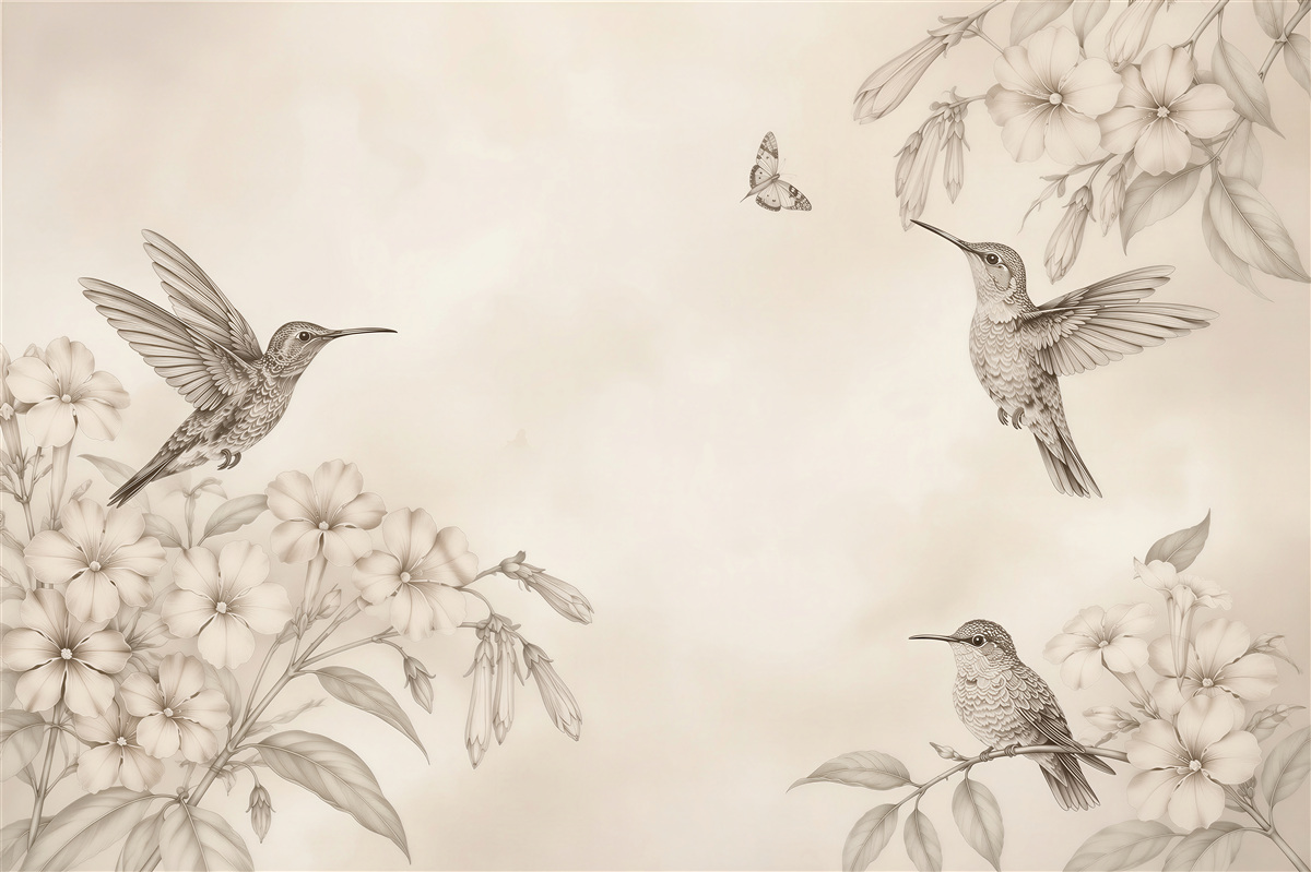 Fototapeten Wunderschöne nahtlose Tapetenhintergründe mit Kolibris im Vintage-Stil