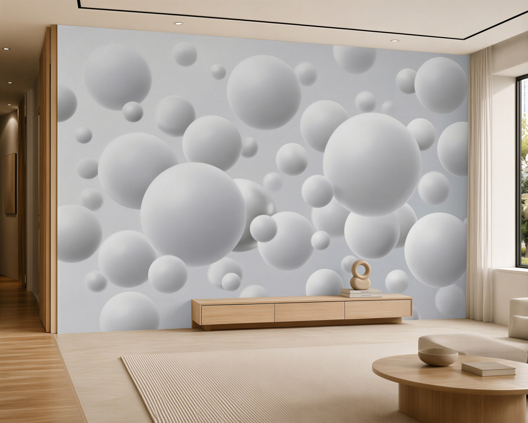 Fototapeten weiße Kugeln 3D minimalistische Abstraktion für ein modernes Interieur