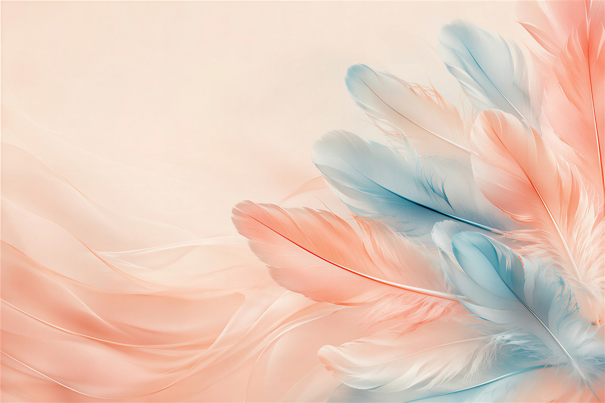 Fototapeten pastellfarbene Federn rosa und blau zart für das Schlafzimmer