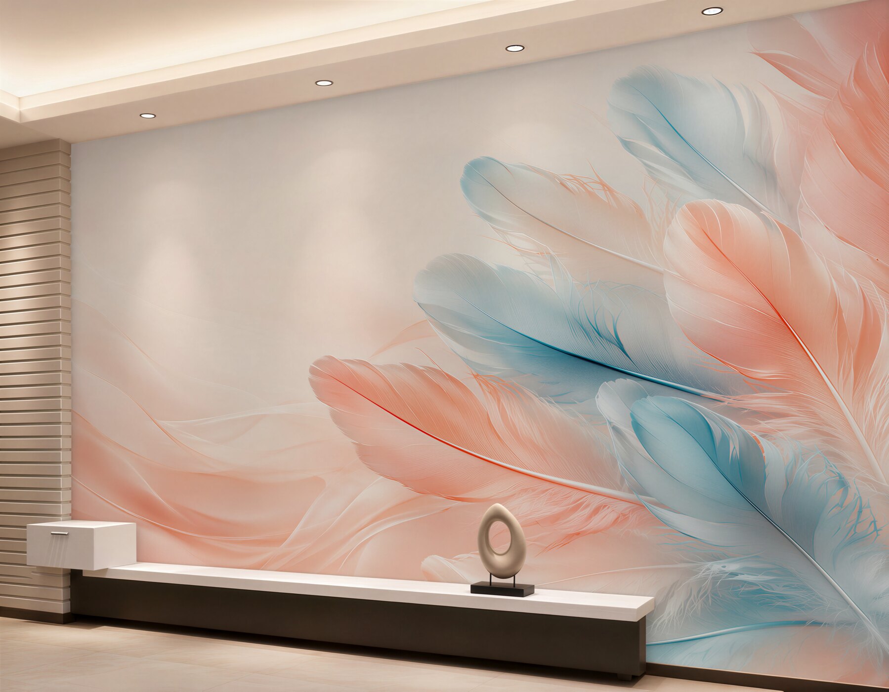 Fototapeten pastellfarbene Federn rosa und blau zart für das Schlafzimmer
