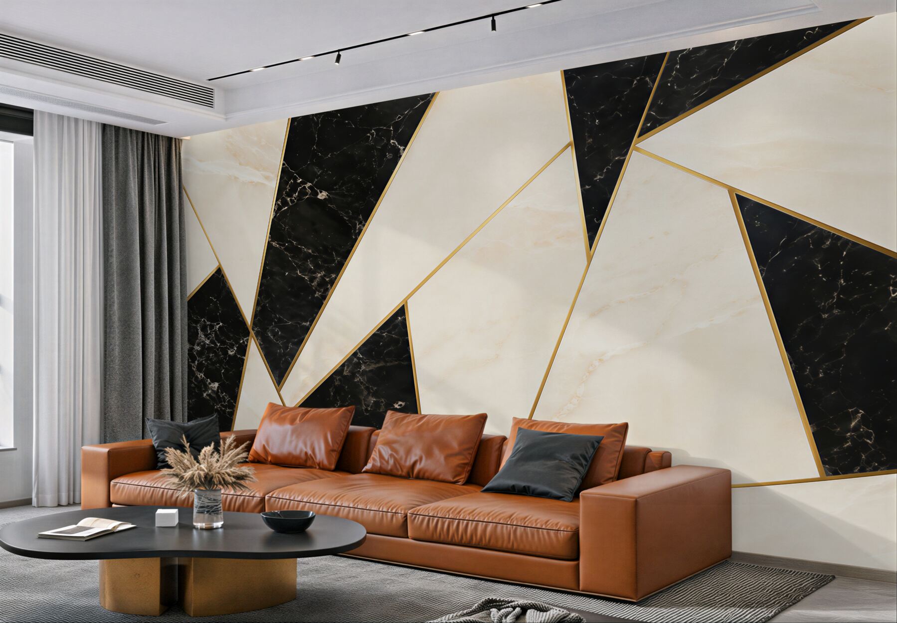 Fototapeten geometrischer Marmor schwarz und weiß mit goldenen Linien