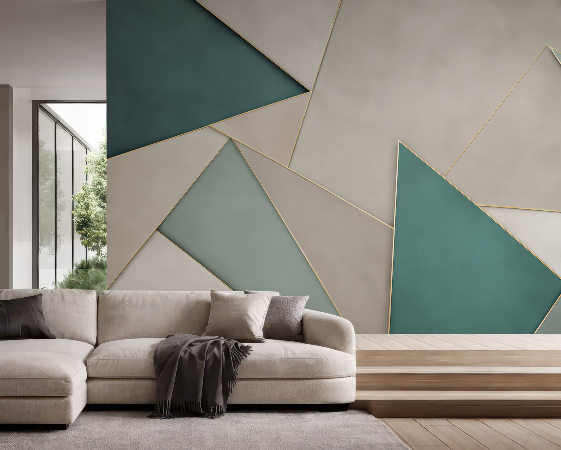 Fototapeten türkisfarbene geometrische Dreiecke auf beigem Hintergrund