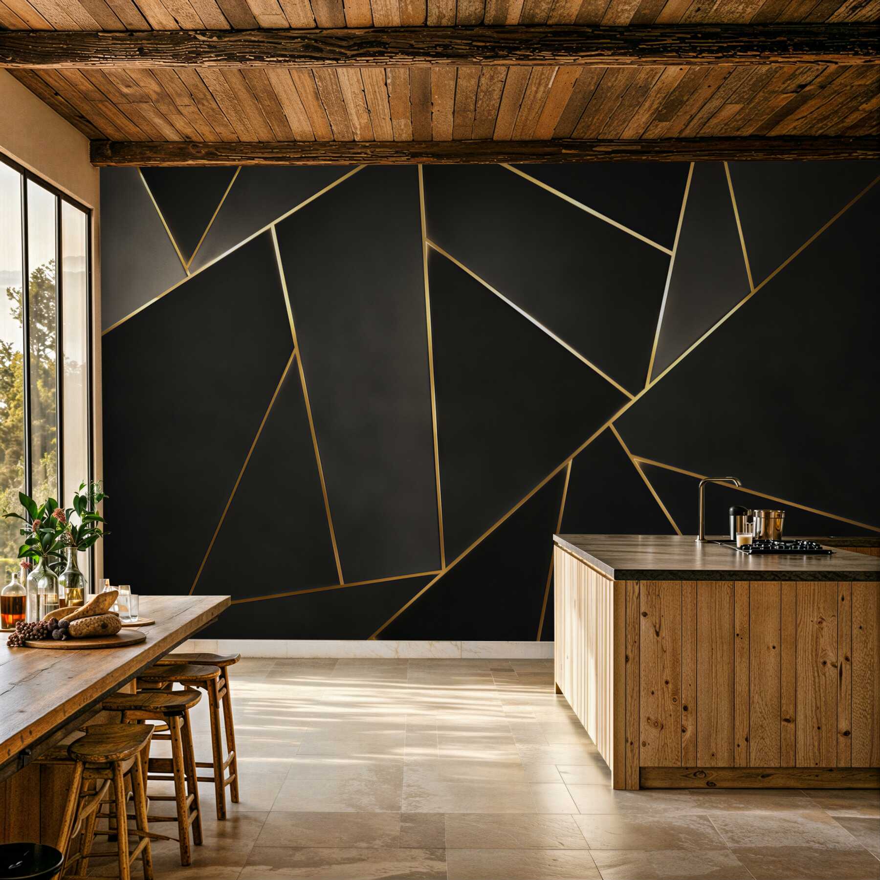 Fototapeten schwarze Geometrie mit goldenen Linien moderne Eleganz