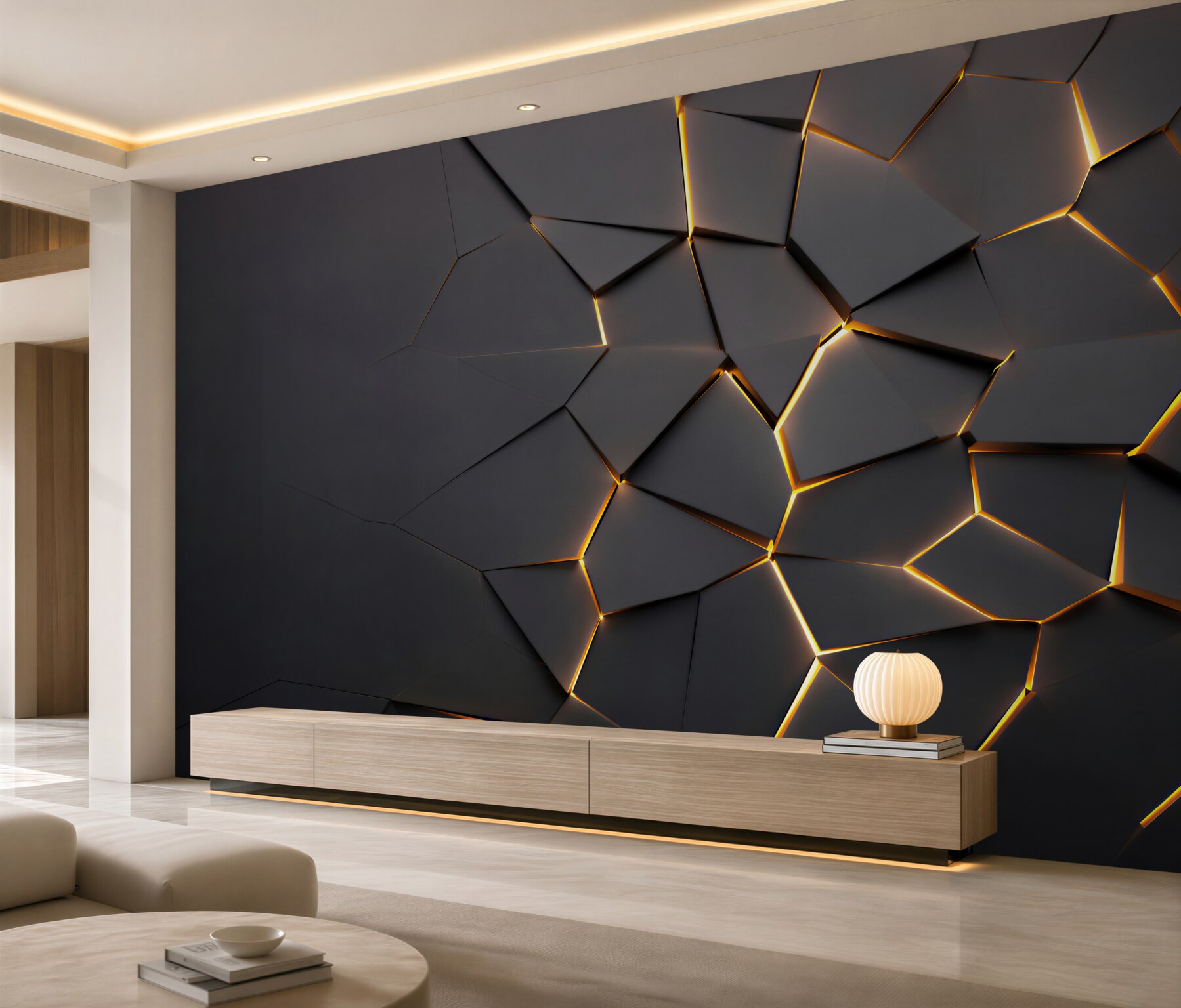 Fototapeten geometrische schwarze Abstraktion mit goldenem Licht moderne