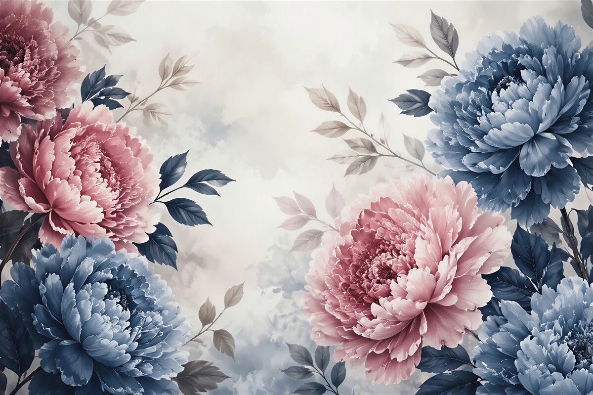 Fototapeten rosa und blaue Pfingstrosen romantische Blumenkomposition