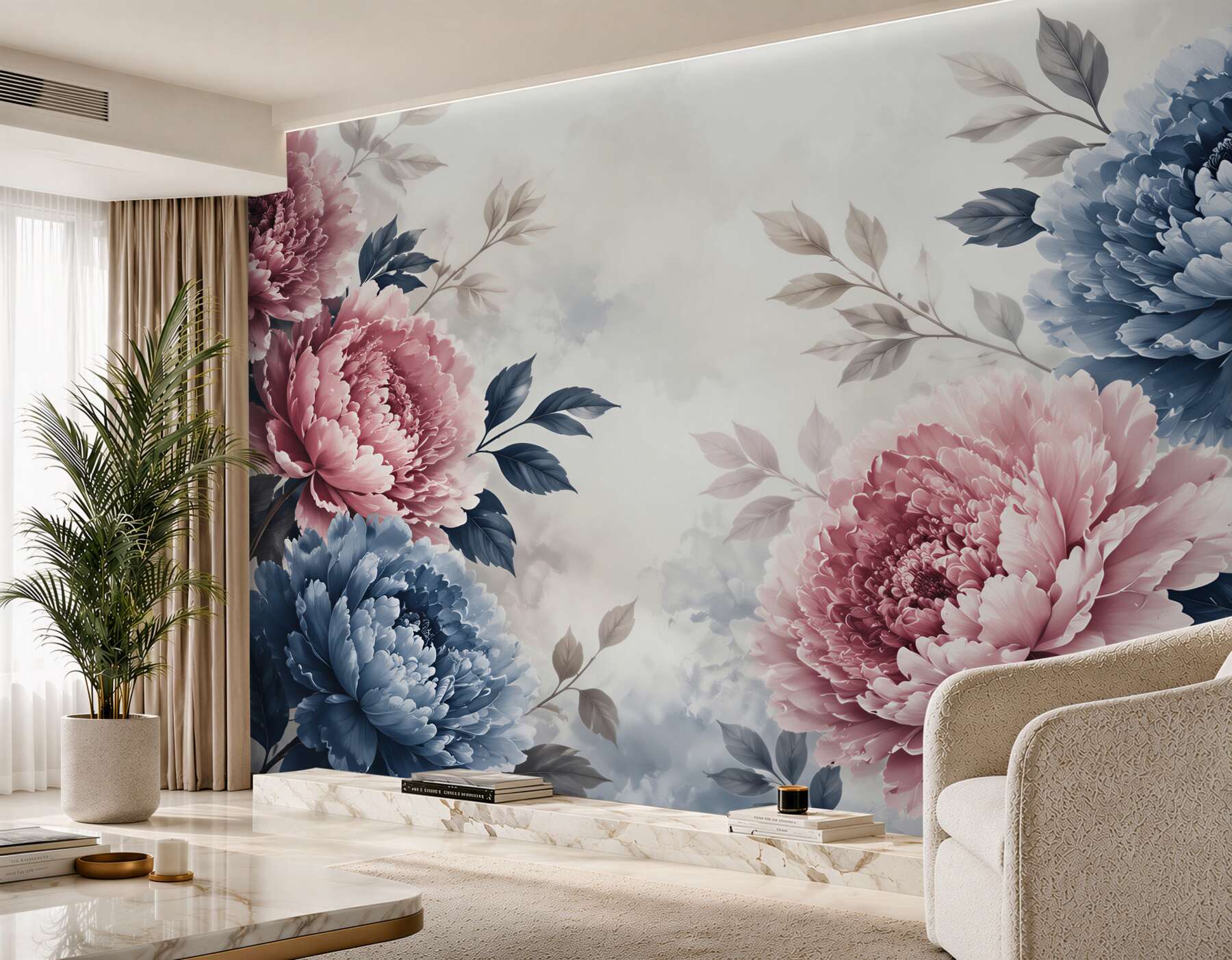 Fototapeten rosa und blaue Pfingstrosen romantische Blumenkomposition