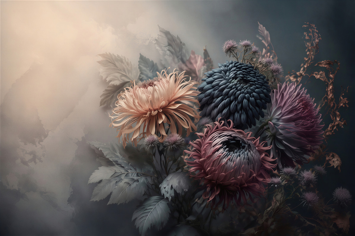 Fototapeten dunkle Chrysanthemen im Vintage-Stil auf graphitfarbenem Hintergrund