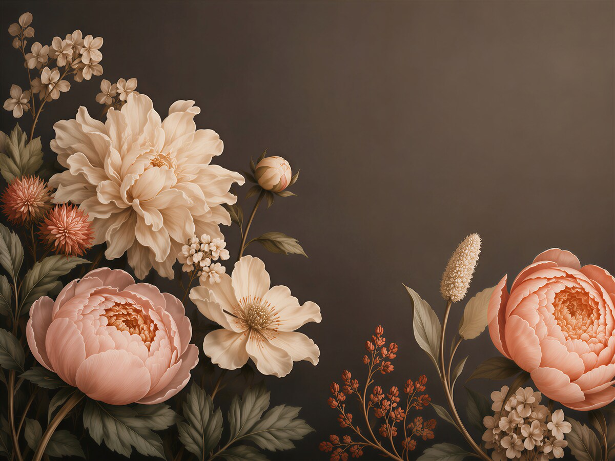 Fototapeten Blumen Pfingstrosen beige und pfirsich auf dunklem eleganten Hintergrund