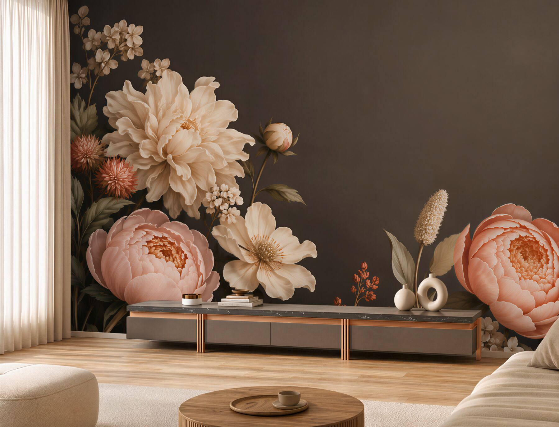Fototapeten Blumen Pfingstrosen beige und pfirsich auf dunklem eleganten Hintergrund