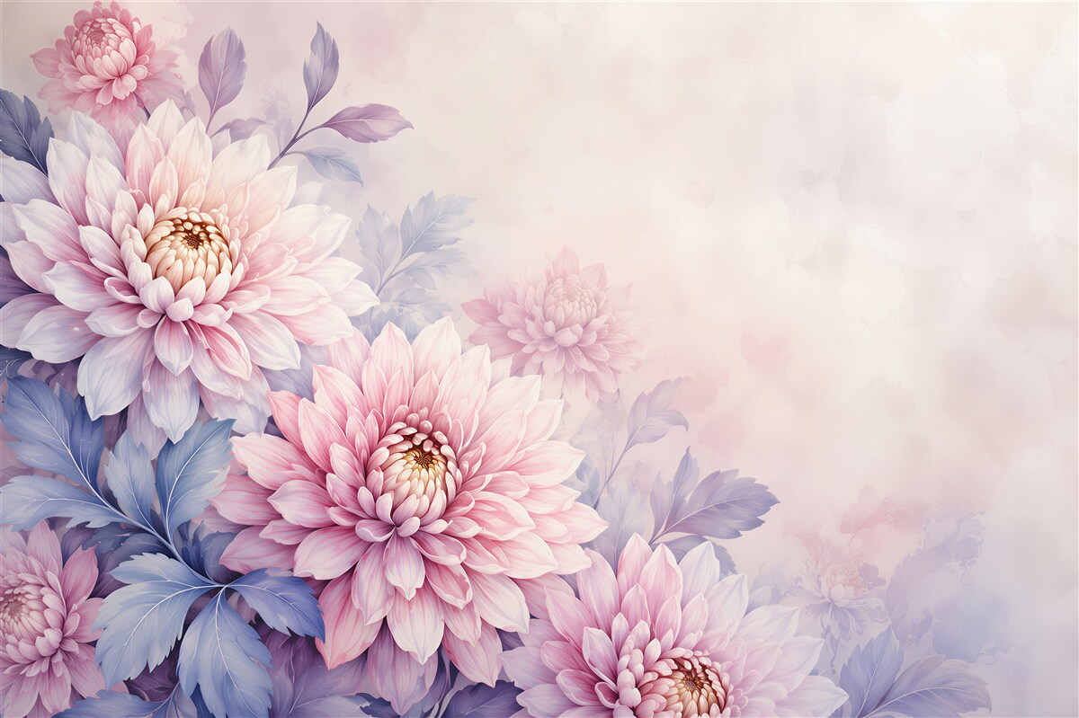 Fototapeten pastellfarbene Dahlien in rosa und lavendel für ein helles Schlafzimmer