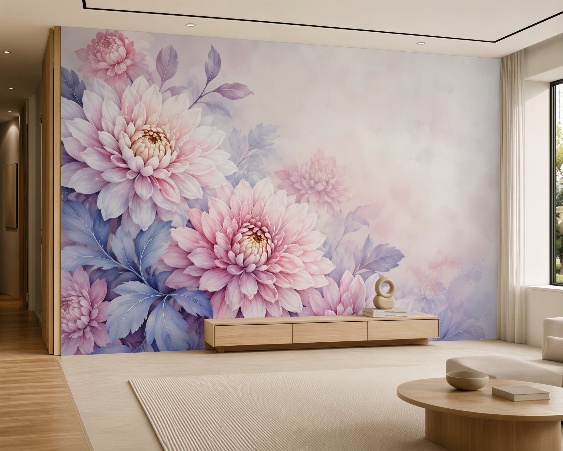 Fototapeten pastellfarbene Dahlien in rosa und lavendel für ein helles Schlafzimmer