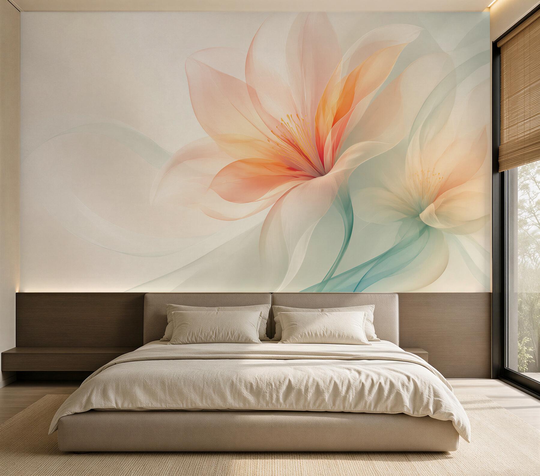 Fototapeten abstrakte Blumen in creme und pfirsich in Pastell