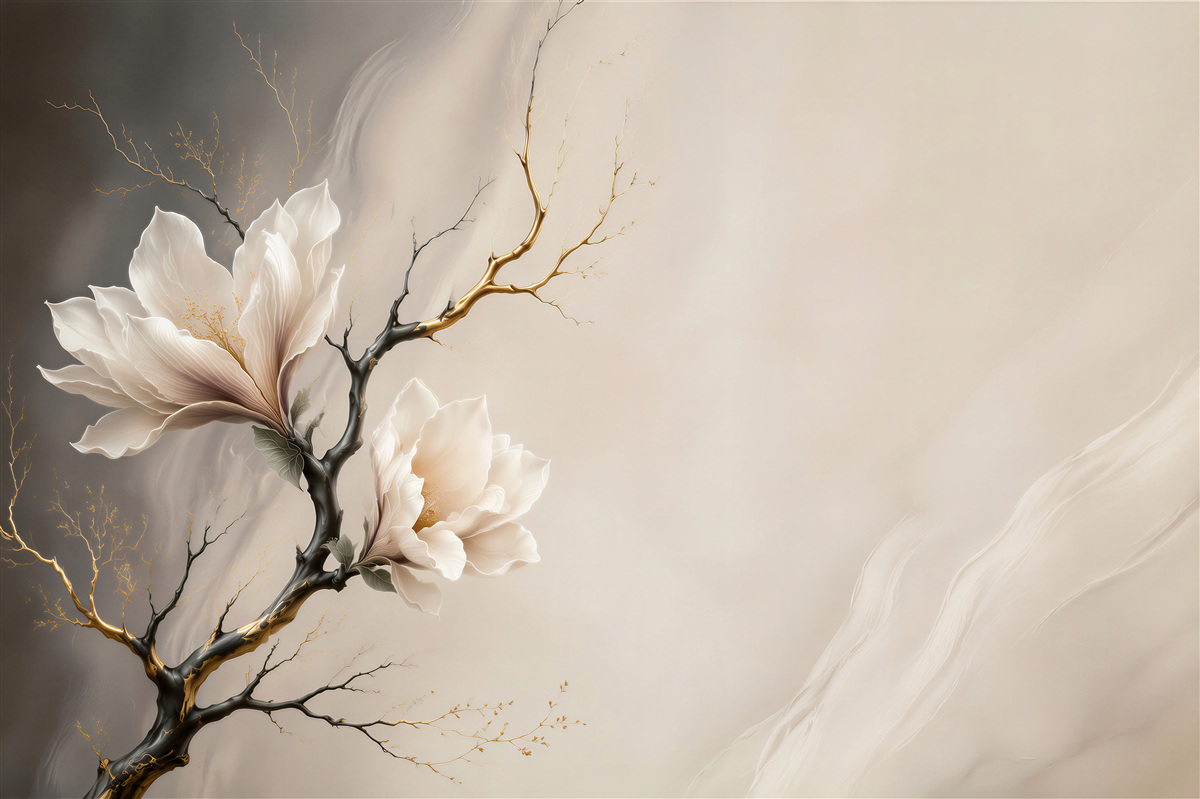 Fototapeten Magnolien auf schwarzen Ästen mit goldenen Akzenten