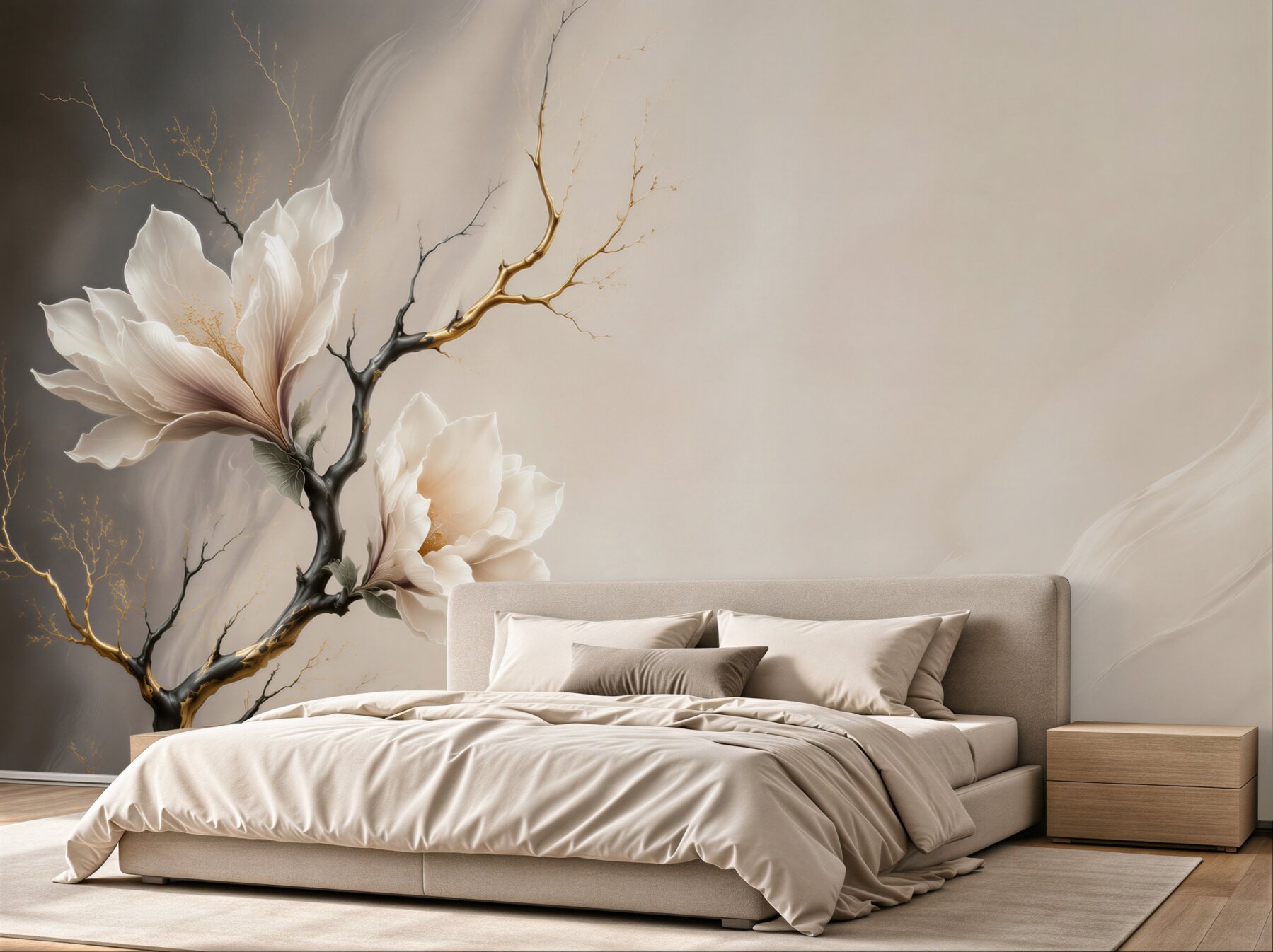 Fototapeten Magnolien auf schwarzen Ästen mit goldenen Akzenten