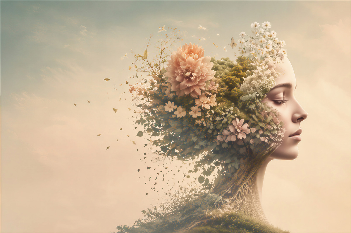Fototapeten Frau mit Blumen und Pflanzen im surrealistischen Stil
