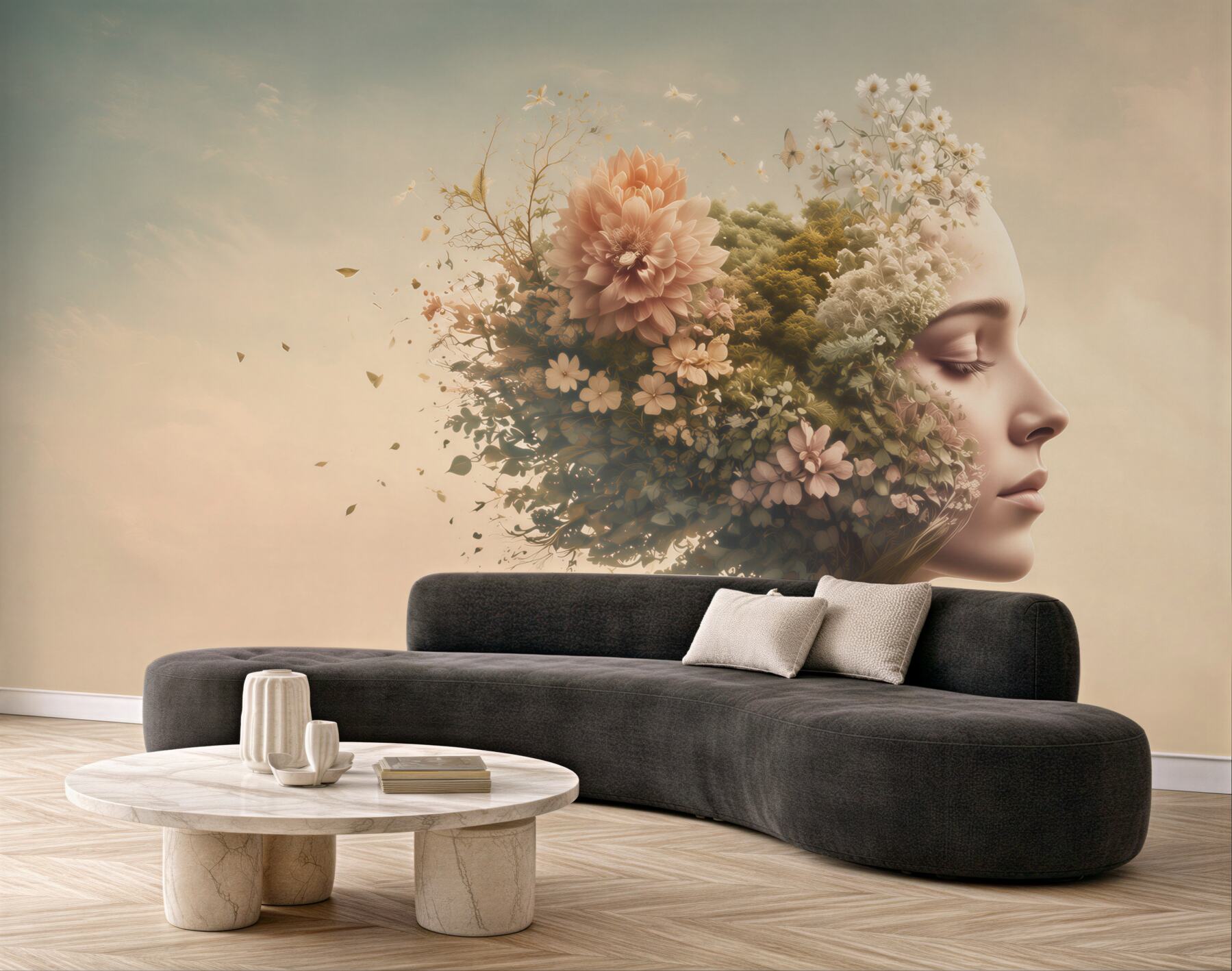 Fototapeten Frau mit Blumen und Pflanzen im surrealistischen Stil