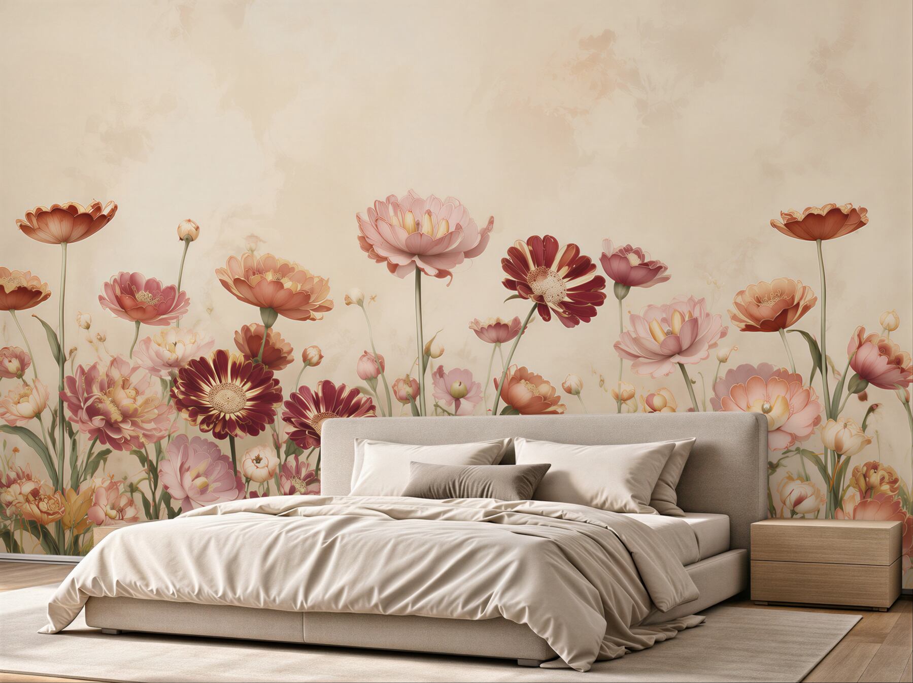 Fototapeten Pastellwiese mit rosa Blumen für ein romantisches Interieur