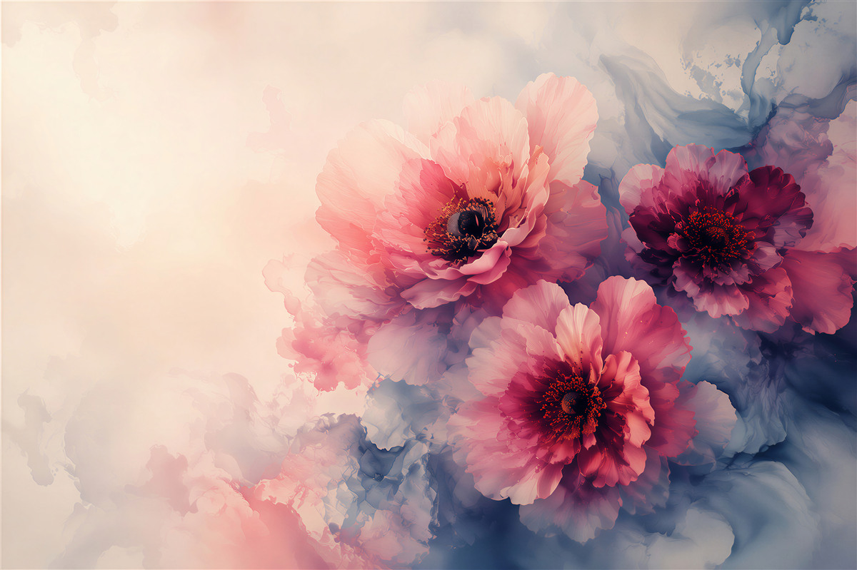 Fototapeten rosa Aquarell-Mohnblumen auf navy-cremefarbenem Hintergrund