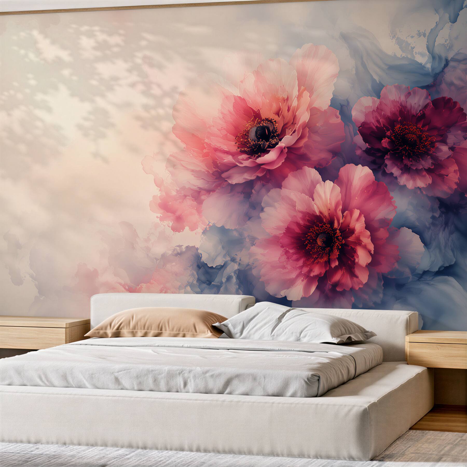 Fototapeten rosa Aquarell-Mohnblumen auf navy-cremefarbenem Hintergrund