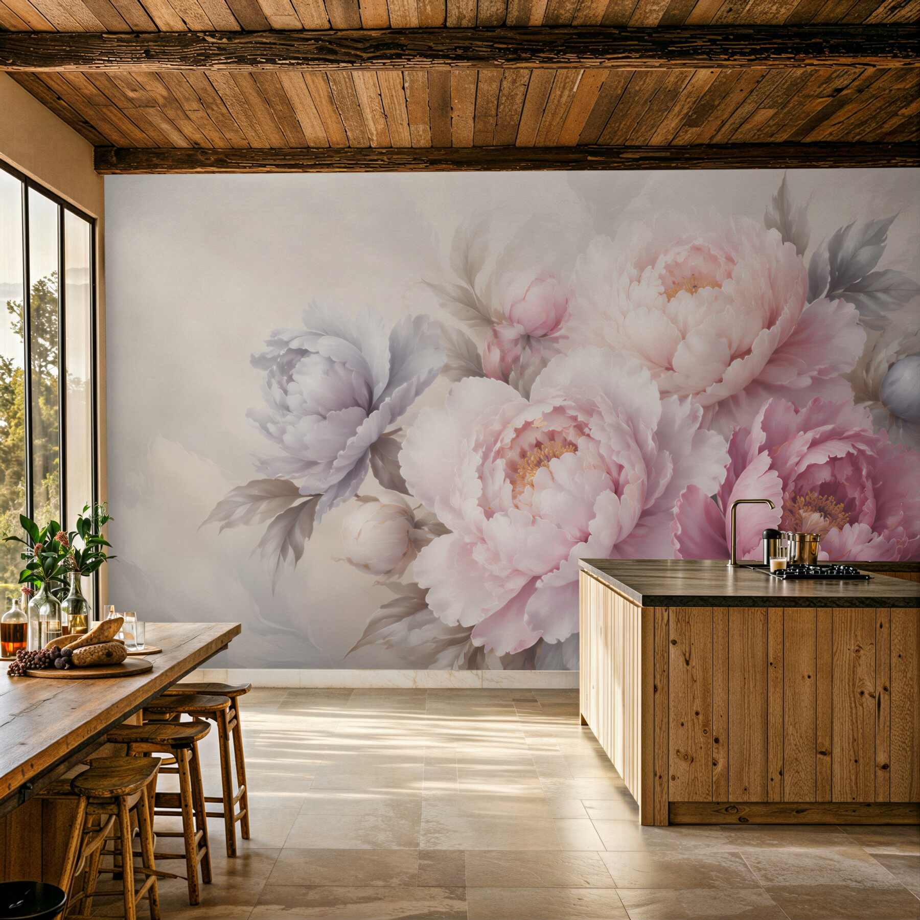 Fototapeten romantische rosa und lilafarbene Pfingstrosen auf hellem Hintergrund