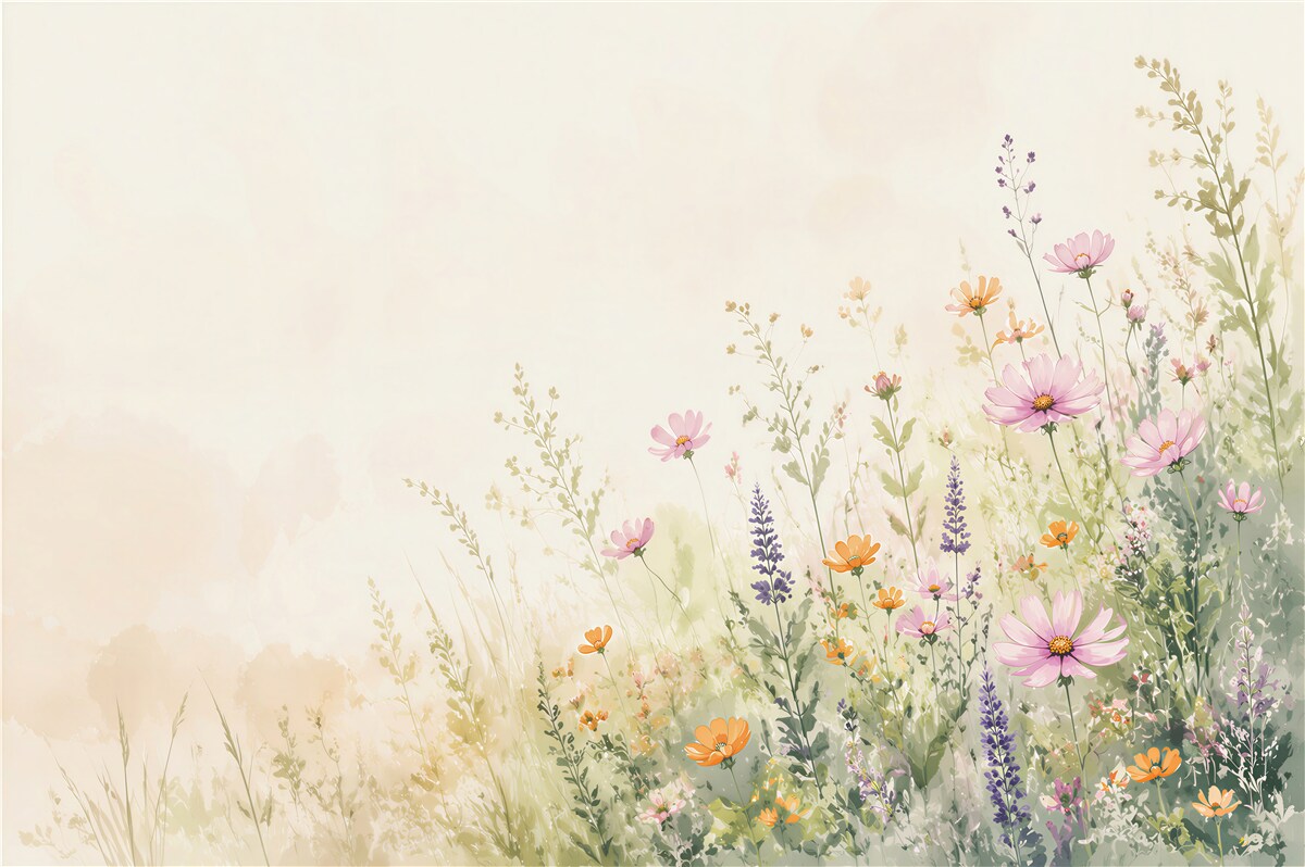 Fototapeten Blumenwiese Pastell mit rosa Kosmeen
