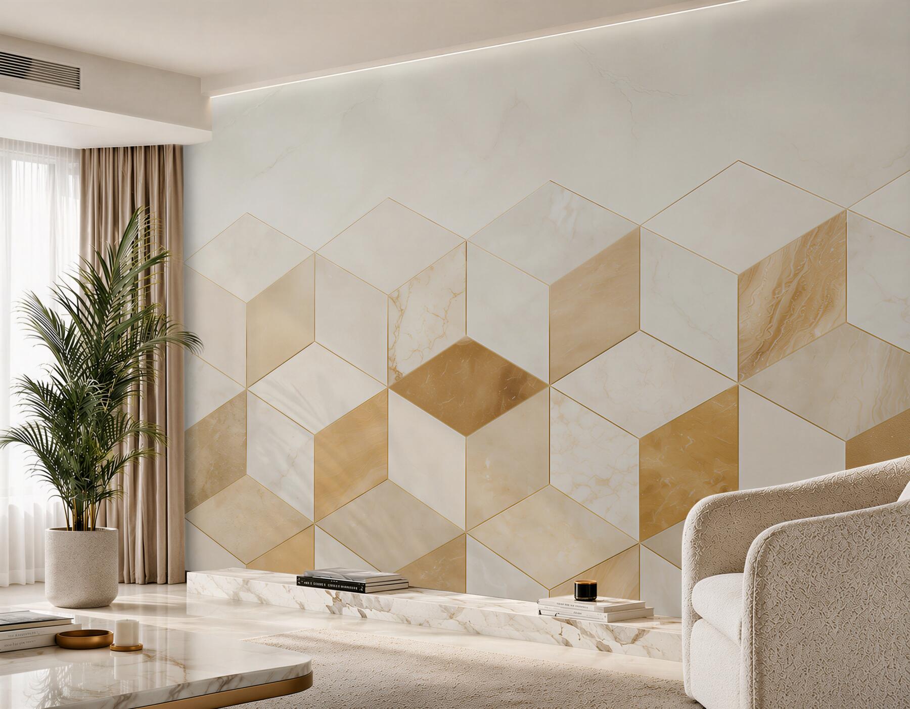 Fototapeten geometrische Würfel marmoriert weiß gold elegante Abstraktion