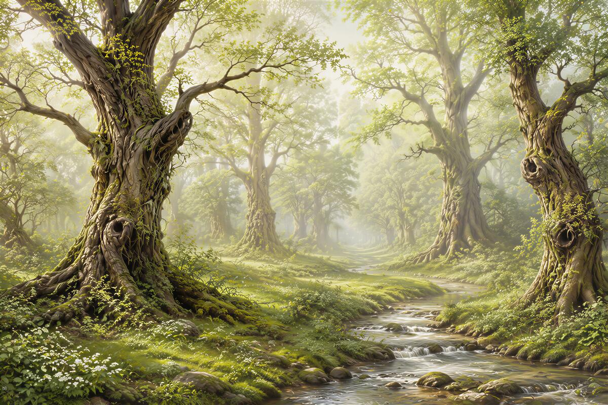 Fototapeten magischer Wald mit Bach märchenhafte Landschaft