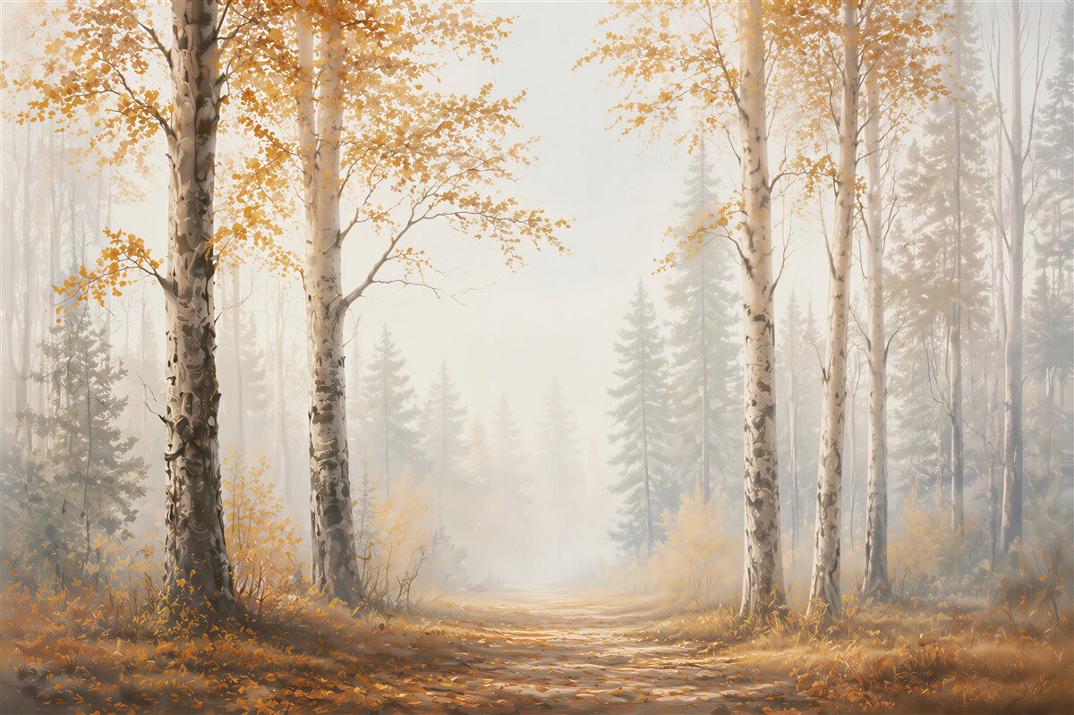 Fototapeten birkenwald im herbst im nebel ruhiger waldweg