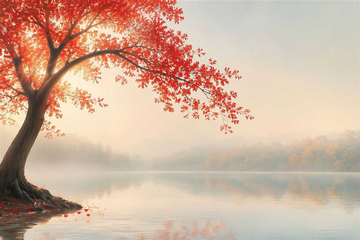 Fototapeten rotes baum am see im nebel romantische landschaft