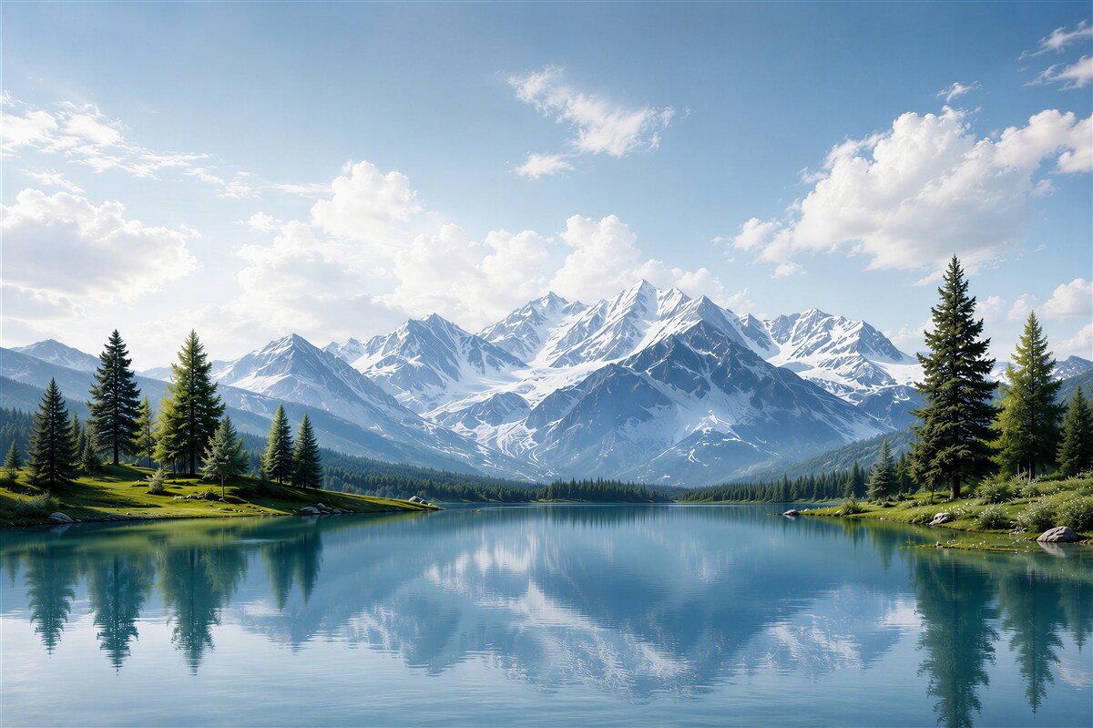 Fototapeten see und verschneite berge unter blauem himmel