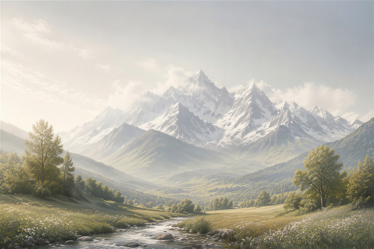 Fototapeten bergtal mit bach und schneebedeckten gipfeln
