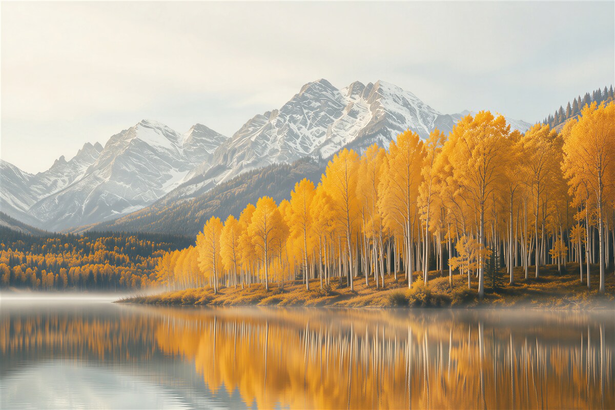 Fototapeten goldener Herbstwald am See mit Bergblick